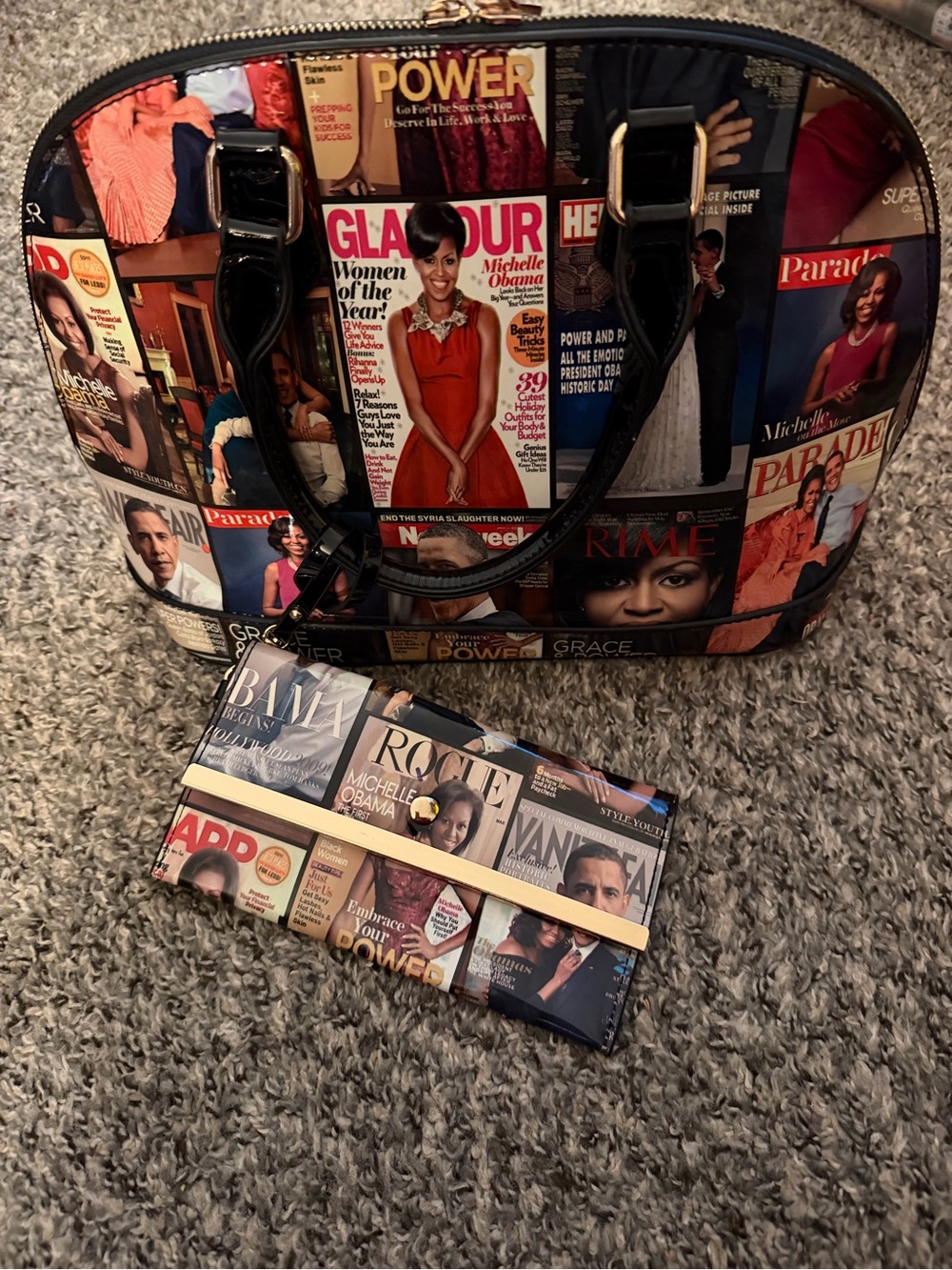 Michelle and Barack Obama Magazine Cover Print Satchel Handbag and Wallet